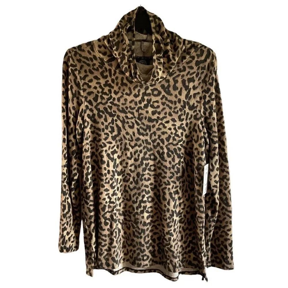 Bobeau Top Cowl Neck Built In Face Cover Black Tan Taupe Animal Print Small